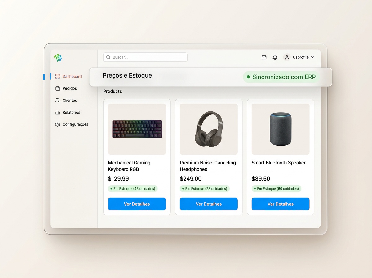 Dashboard da loja virtual com produtos sincronizados com o ERP Maxdata